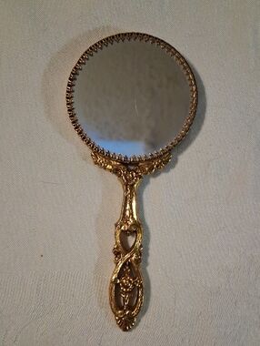 1940's Vintage Ornate Gold Handheld Vanity Mirror